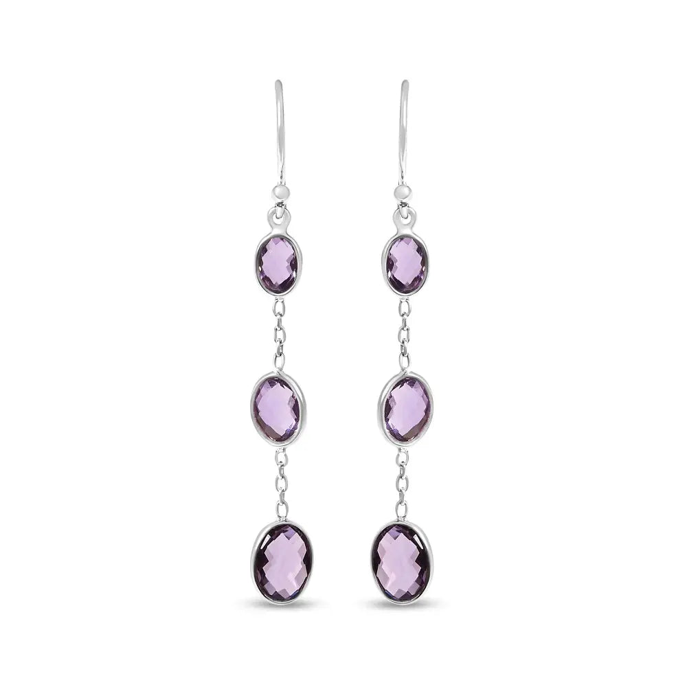 .925 sterling silver checkerboard cut oval purple amethyst 2’’ inch drop and dangle earrings earrings/earrings/dangle handcrafted