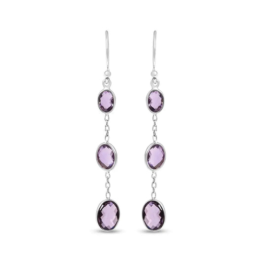 .925 sterling silver checkerboard cut oval purple amethyst 2’’ inch drop and dangle earrings earrings/earrings/dangle handcrafted