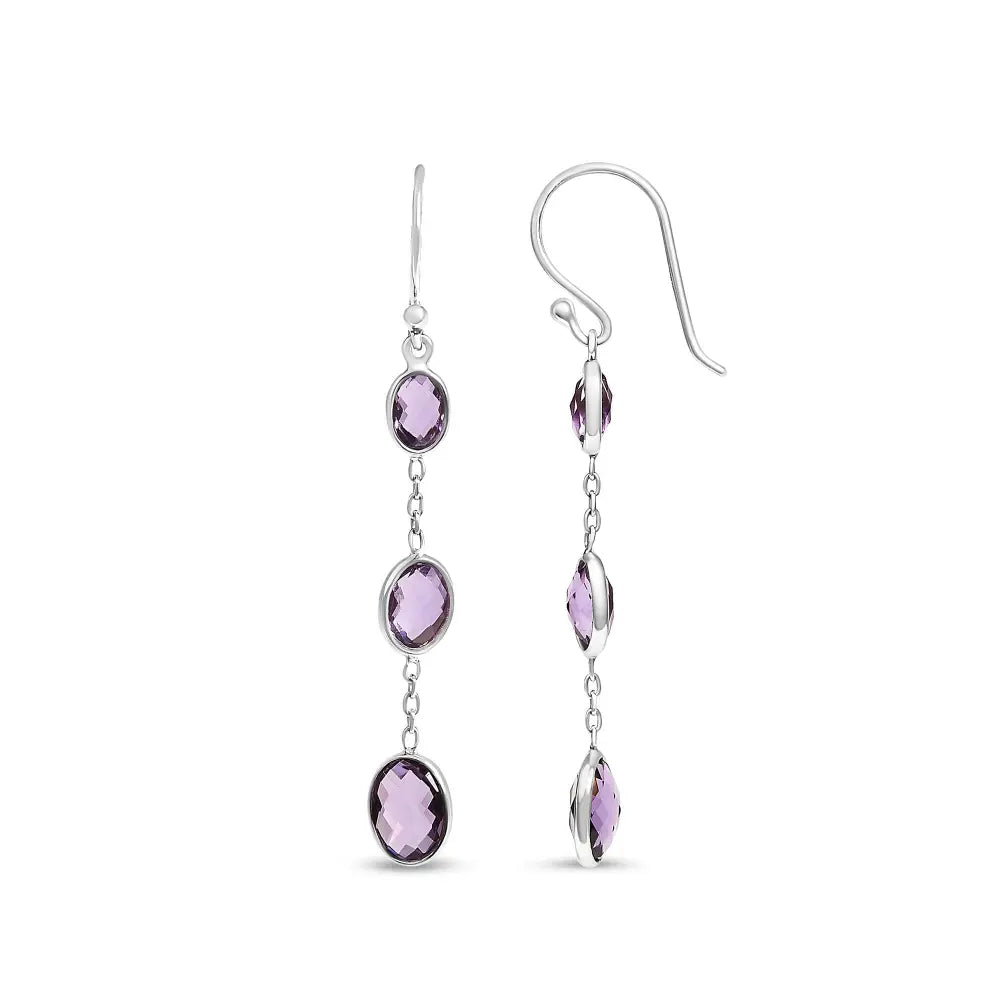 .925 sterling silver checkerboard cut oval purple amethyst 2’’ inch drop and dangle earrings earrings/earrings/dangle handcrafted