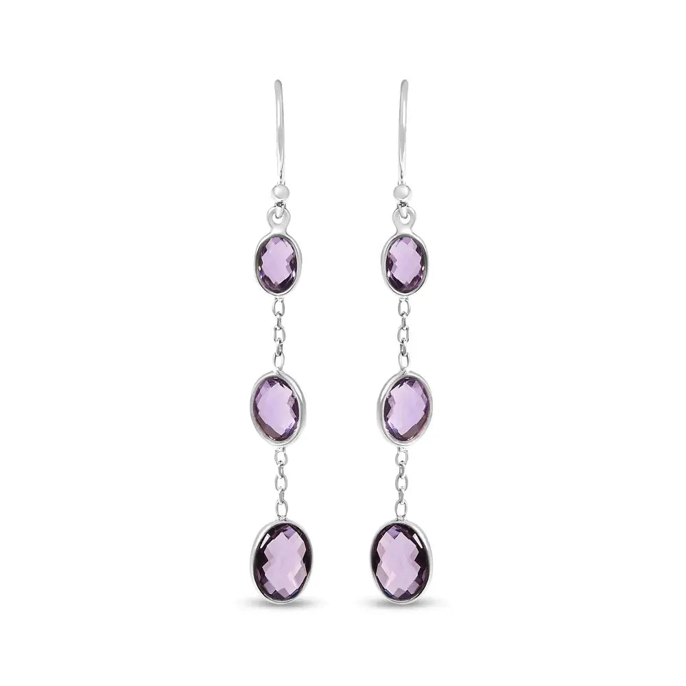 Sterling silver checkerboard oval amethyst 2 inch triple drop earrings bijoux-nyc direct