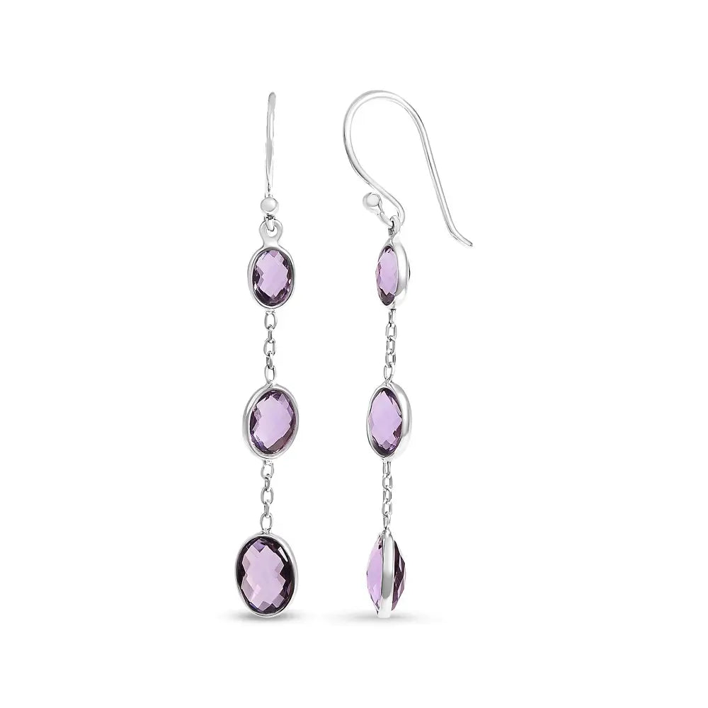 Sterling silver checkerboard oval amethyst 2 inch triple drop earrings bijoux-nyc direct