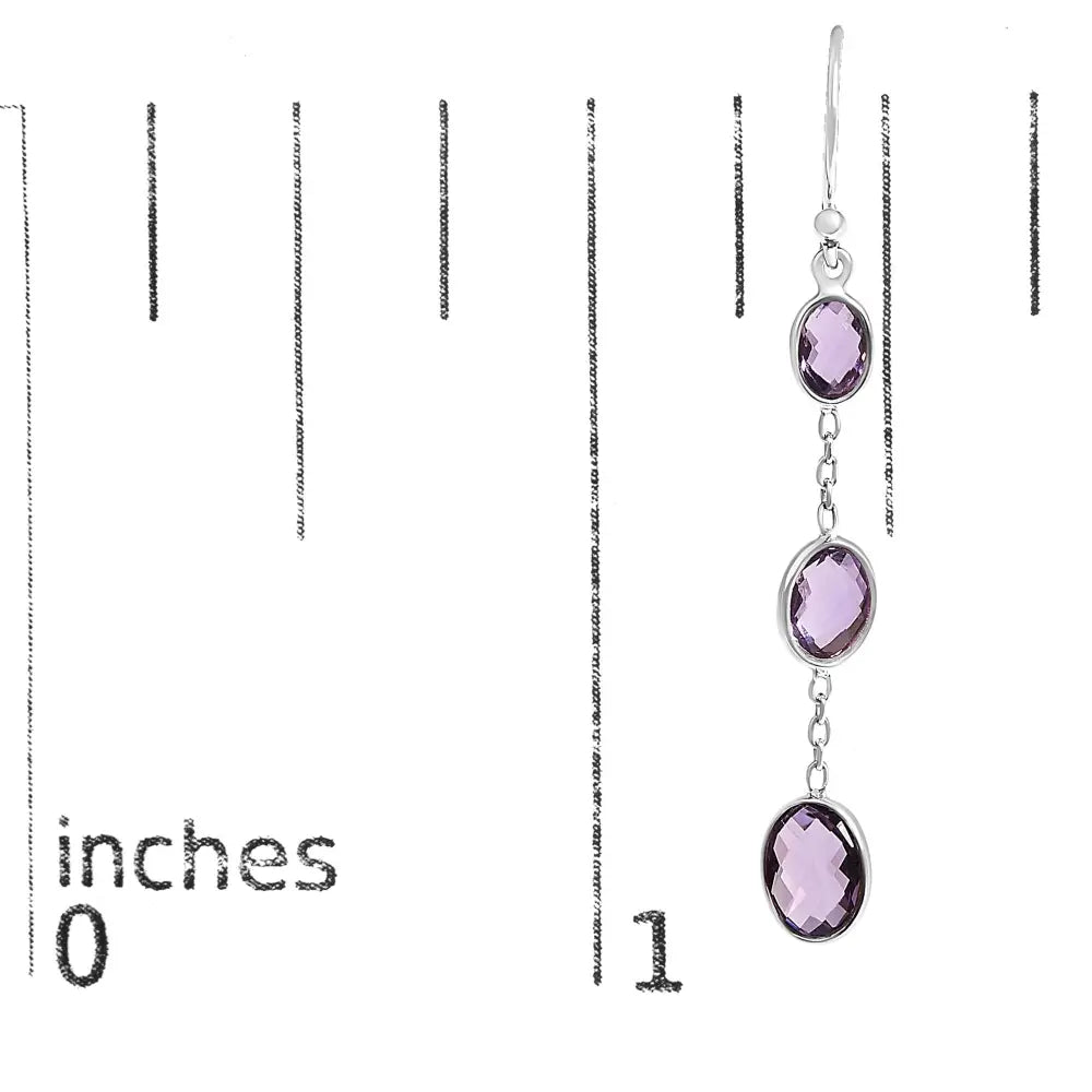Sterling silver checkerboard oval amethyst 2 inch triple drop earrings bijoux-nyc direct