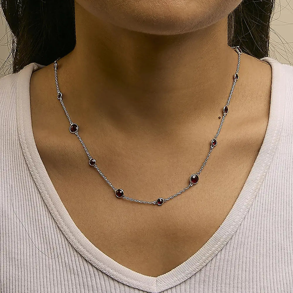 Sterling silver checkerboard red garnet bezel station necklace 22 inch bijoux-nyc direct
