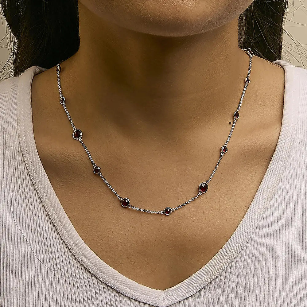 .925 sterling silver checkerboard cut red garnet bezel station necklace 22’’ inches necklaces/non pendant/station handcrafted