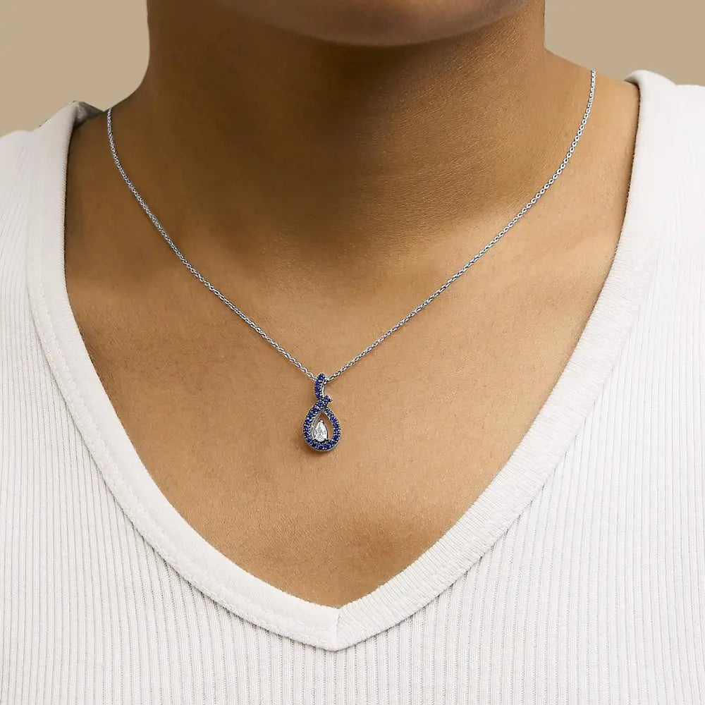 Sterling silver created blue and white sapphire teardrop necklace 18 bijoux-nyc direct