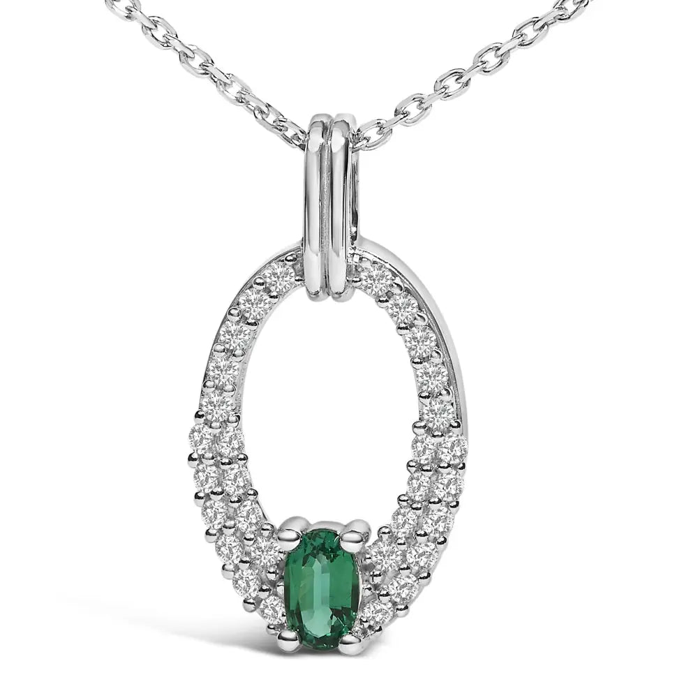 Sterling silver created emerald and white sapphire oval pendant necklace 18 bijoux-nyc direct
