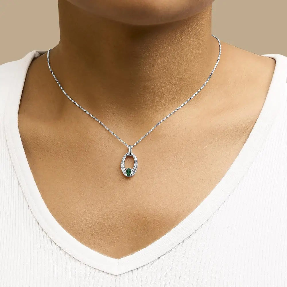 Sterling silver created emerald and white sapphire oval pendant necklace 18 bijoux-nyc direct