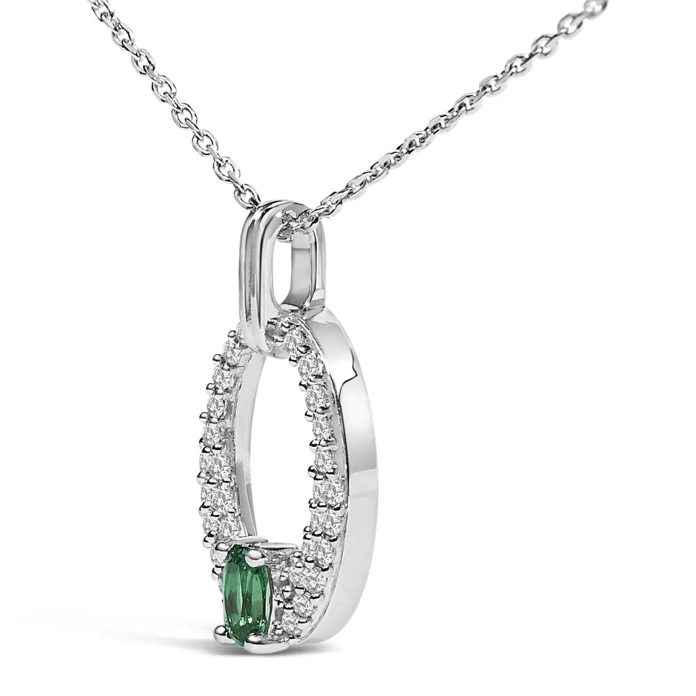 Sterling silver created emerald and white sapphire oval pendant necklace 18 bijoux-nyc direct