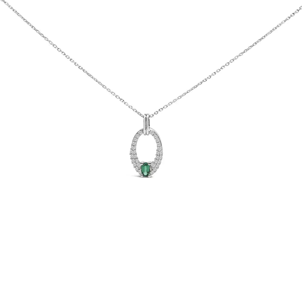 Sterling silver created emerald and white sapphire oval pendant necklace 18 bijoux-nyc direct