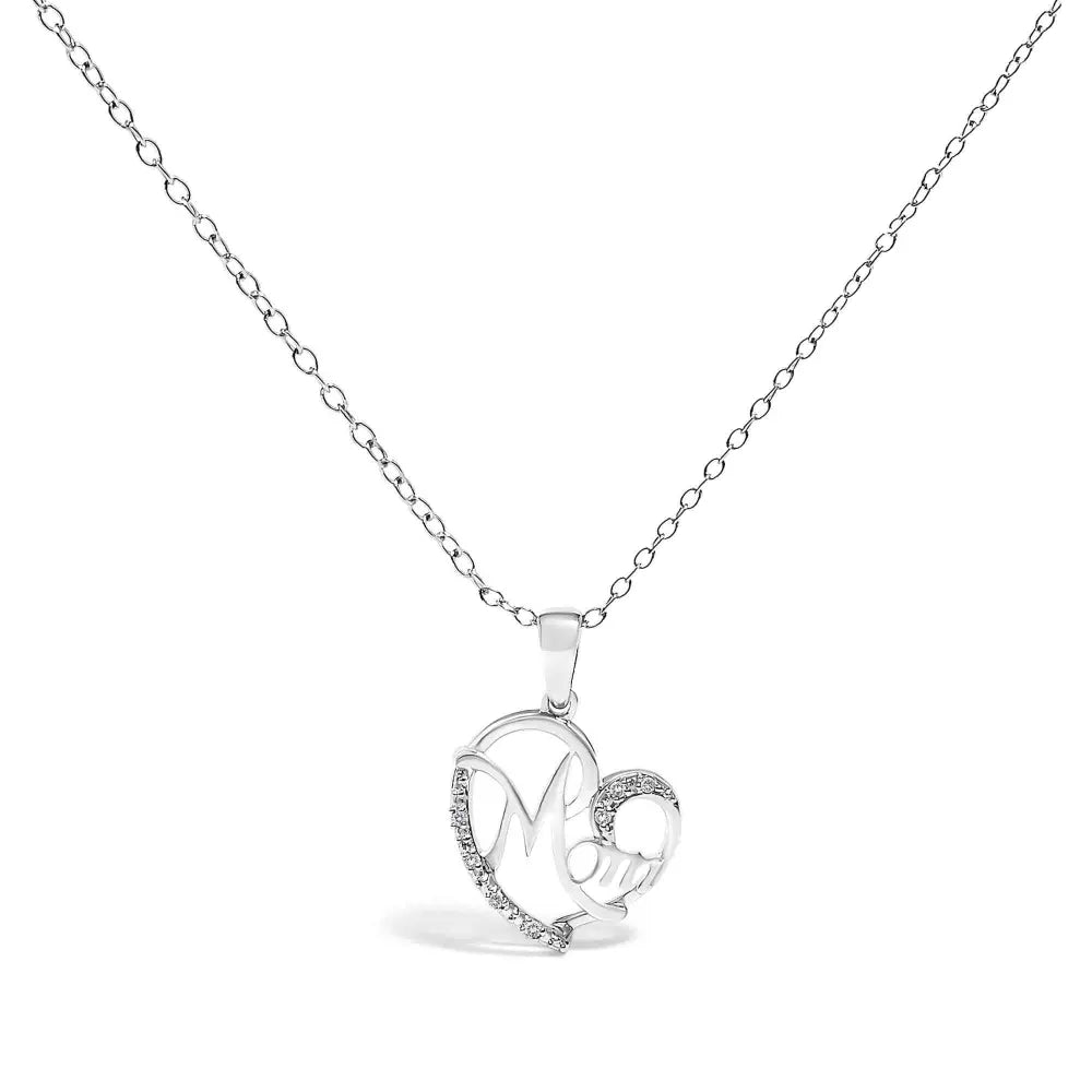 .925 sterling silver cursive mom heart diamond accent pendant necklace (j k color i2 i3 clarity) 18’’ inches