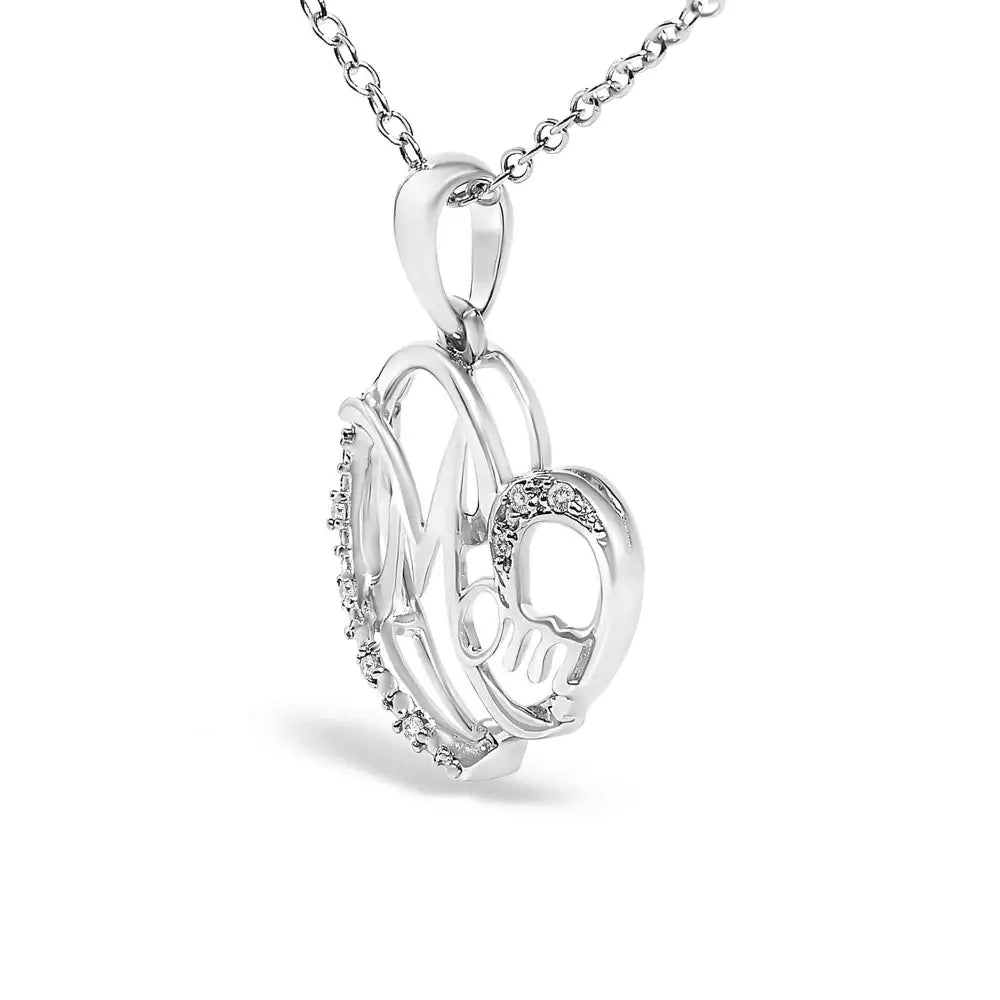 .925 sterling silver cursive mom heart diamond accent pendant necklace (j k color i2 i3 clarity) 18’’ inches