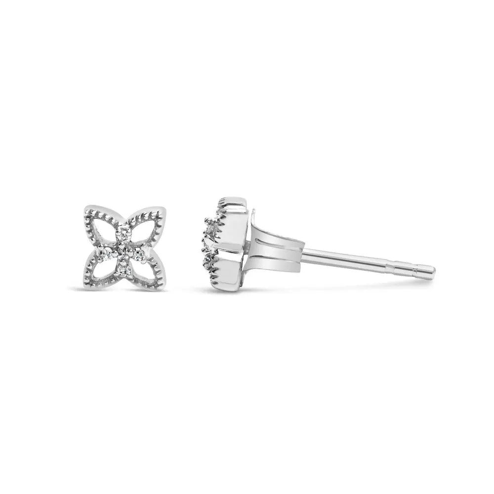 925 Sterling Silver Diamond Accent 4 Petal Flower Stud Earring (H-I Color, I1-I2 Clarity) - Bijoux-NYC Direct