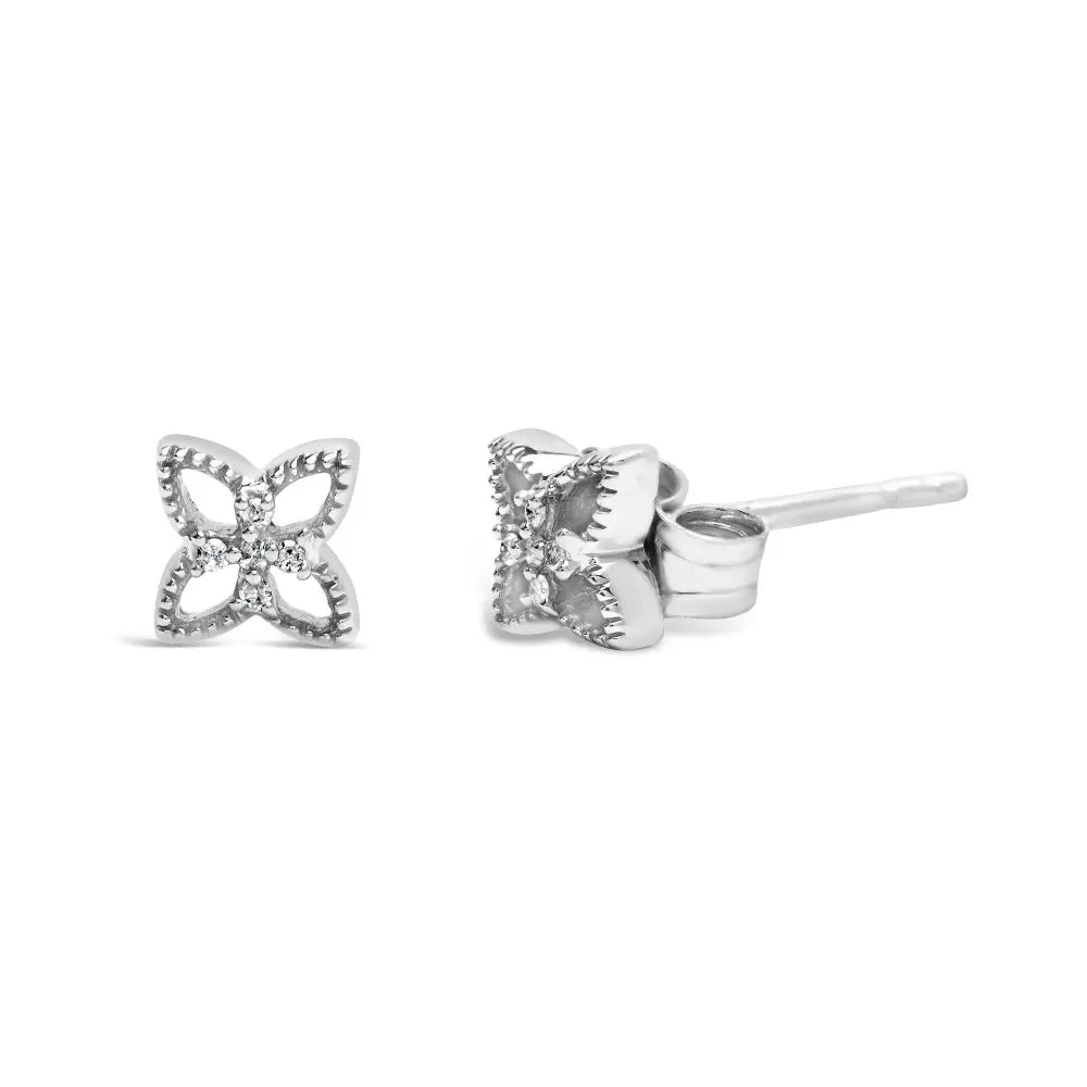 925 Sterling Silver Diamond Accent 4 Petal Flower Stud Earring (H-I Color, I1-I2 Clarity) - Bijoux-NYC Direct