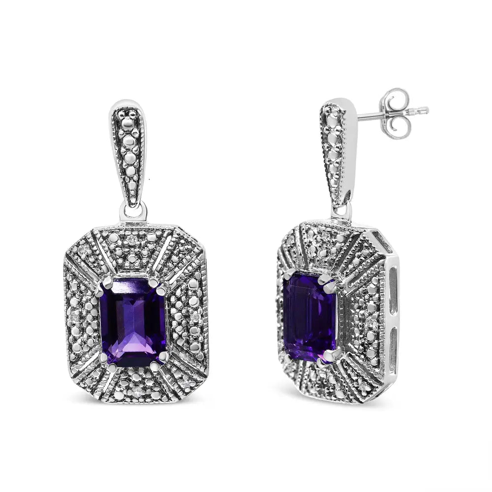 Amethyst & diamond halo stud earrings in sterling silver – 7x5mm
