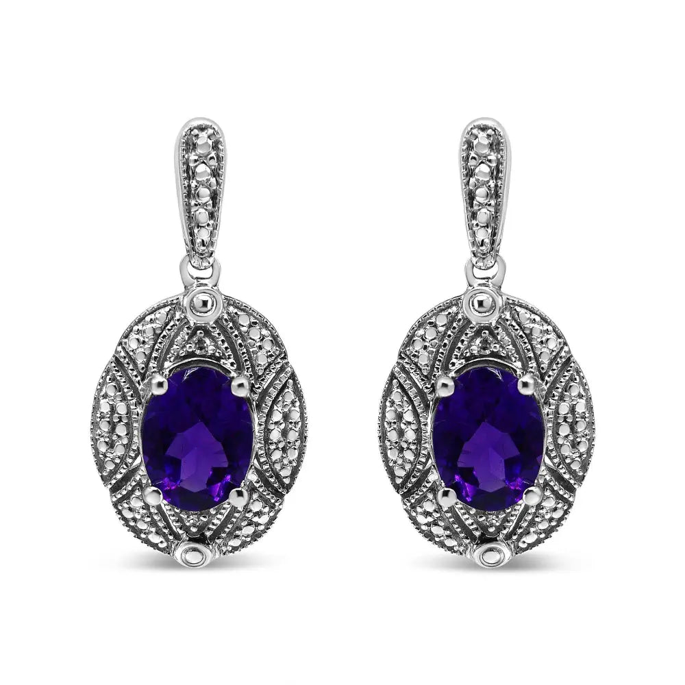 .925 Sterling Silver Diamond Accent and 8x6mm Purple Oval Amethyst Stud Earrings (I-J Color, I1-I2 Clarity) - Bijoux-NYC Direct