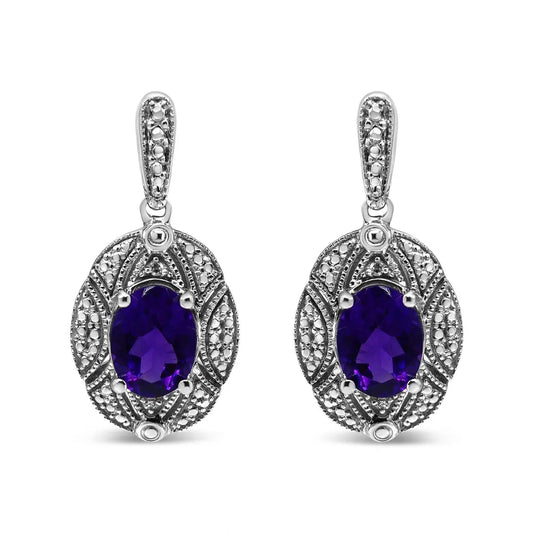 .925 Sterling Silver Diamond Accent and 8x6mm Purple Oval Amethyst Stud Earrings (I-J Color, I1-I2 Clarity) - Bijoux-NYC Direct