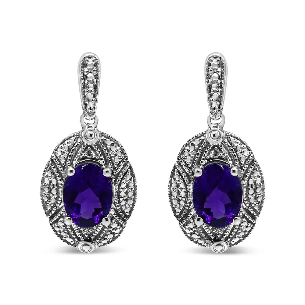 Oval amethyst & diamond accent milgrain stud earrings in sterling silver bijoux-nyc direct