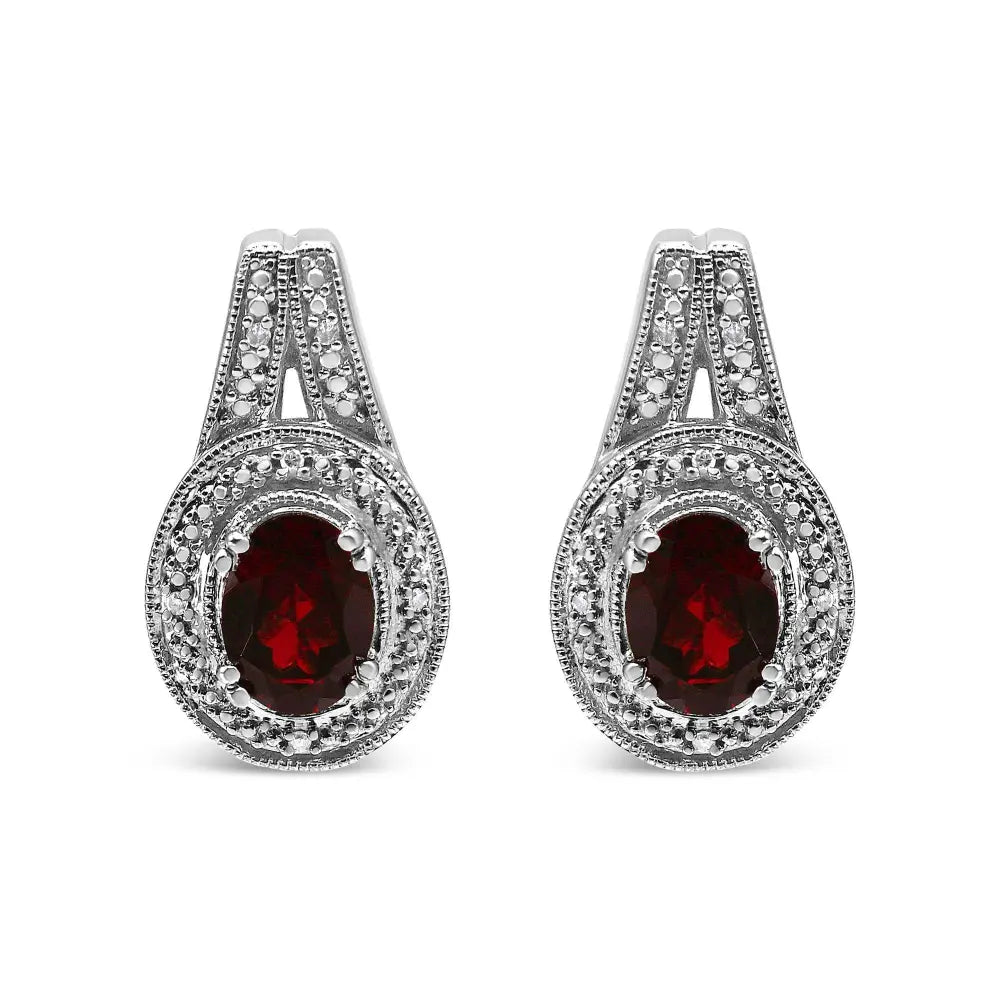 .925 Sterling Silver Diamond Accent and 8x6mm Red Oval Garnet Stud Earrings (I-J Color, I1-I2 Clarity) - Bijoux-NYC Direct