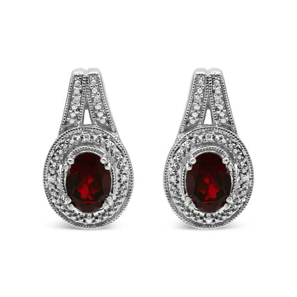 .925 Sterling Silver Diamond Accent and 8x6mm Red Oval Garnet Stud Earrings (I-J Color, I1-I2 Clarity) - Bijoux-NYC Direct