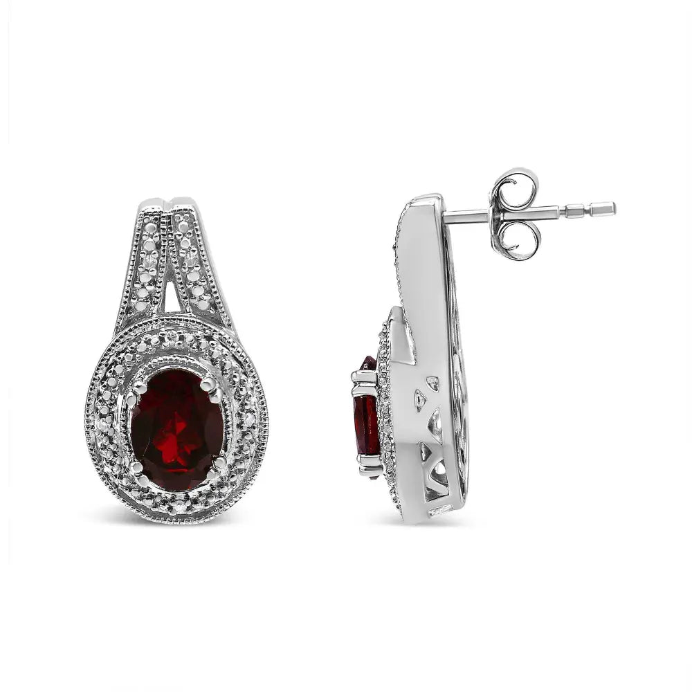 .925 Sterling Silver Diamond Accent and 8x6mm Red Oval Garnet Stud Earrings (I-J Color, I1-I2 Clarity) - Bijoux-NYC Direct