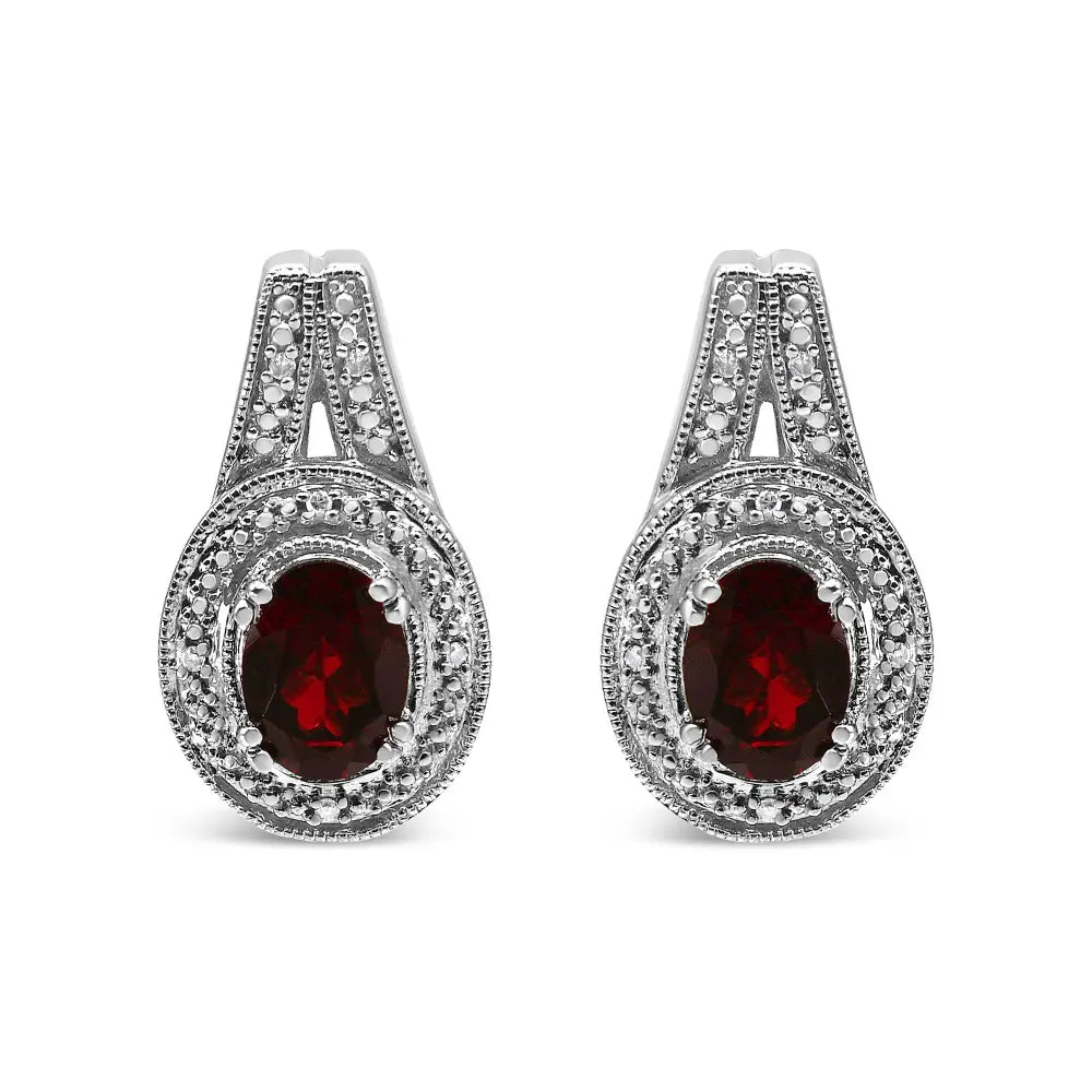 Oval garnet & diamond accent milgrain stud earrings in sterling silver bijoux-nyc direct