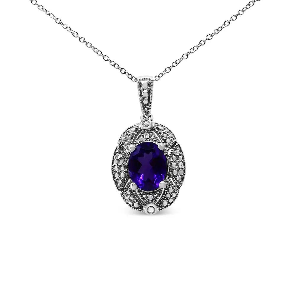 .925 Sterling Silver Diamond Accent and 9x7mm Purple Oval Amethyst Gemstone Pendant 18" Necklace (I-J Color, I1-I2 Clarity) - Bijoux-NYC Direct