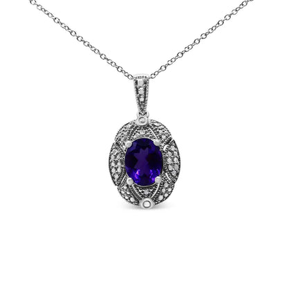 .925 Sterling Silver Diamond Accent and 9x7mm Purple Oval Amethyst Gemstone Pendant 18" Necklace (I-J Color, I1-I2 Clarity) - Bijoux-NYC Direct