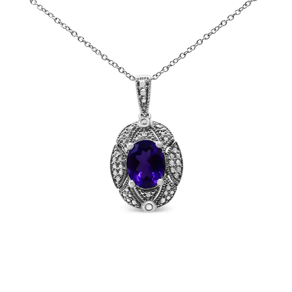 .925 sterling silver diamond accent and 9x7mm purple oval amethyst gemstone pendant 18’’ necklace (i-j color i1-i2