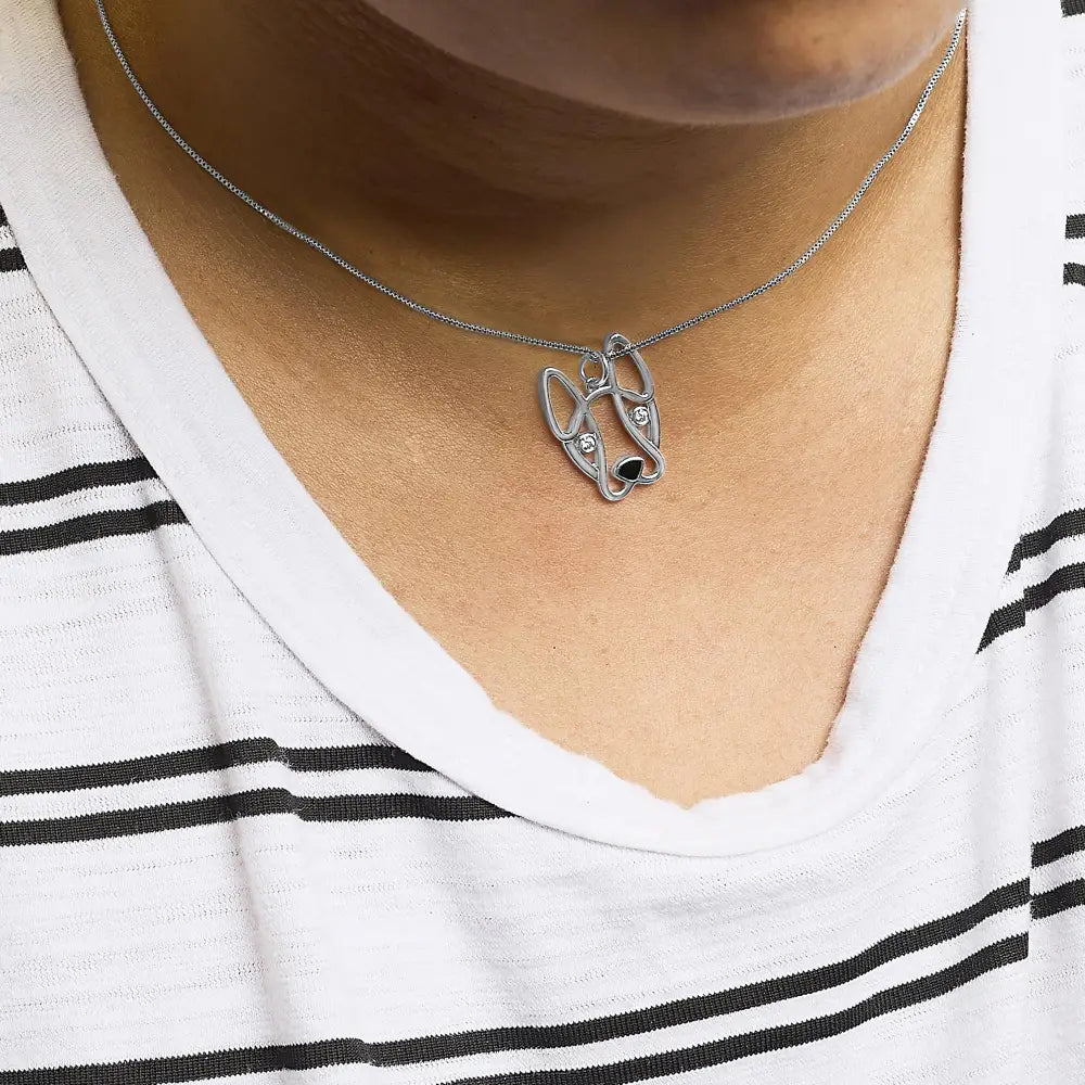 Sterling silver diamond and black enamel french bulldog 18 inch necklace bijoux-nyc direct