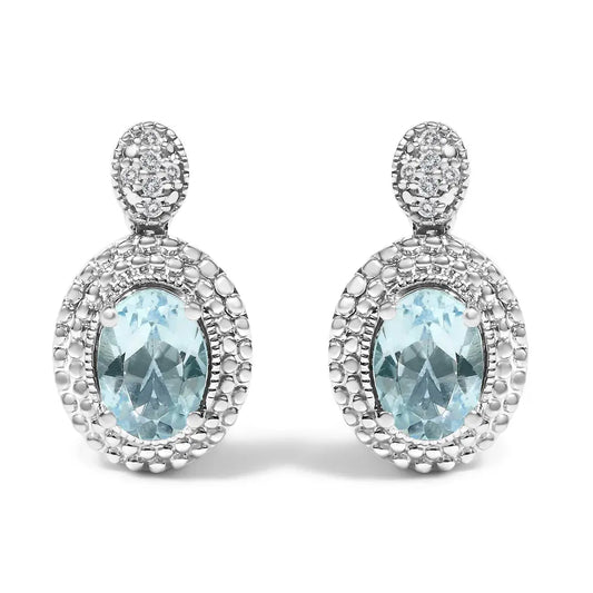 .925 Sterling Silver Diamond Accent and Oval Blue Topaz with Beaded Halo Drop Stud Earrings (I-J color, I1-I2 Clarity) - Bijoux-NYC Direct