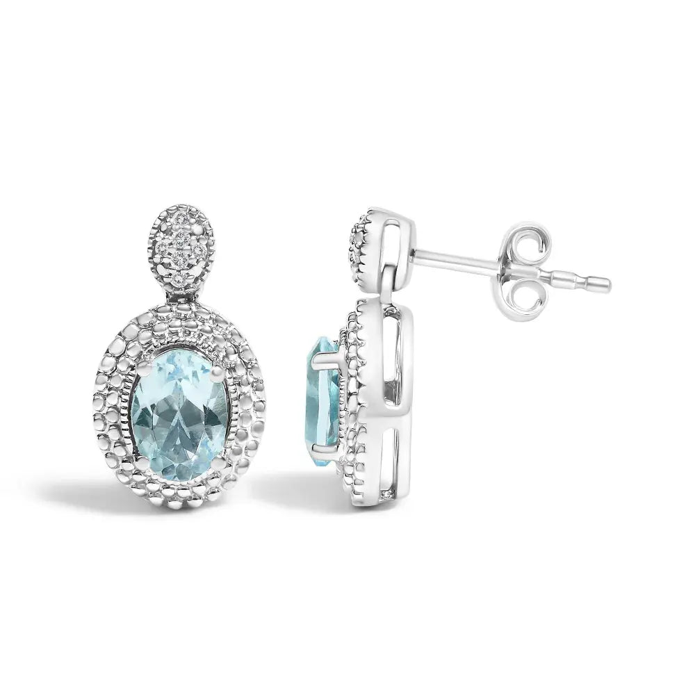 .925 Sterling Silver Diamond Accent and Oval Blue Topaz with Beaded Halo Drop Stud Earrings (I-J color, I1-I2 Clarity) - Bijoux-NYC Direct