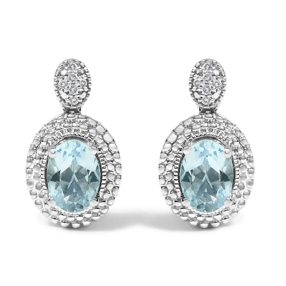 Blue topaz & diamond beaded halo drop stud earrings in sterling silver