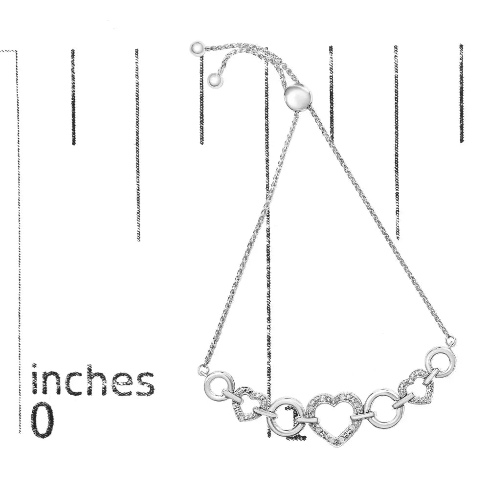 925 sterling silver 1/10 cttw diamond triple heart adjustable bolo bracelet bijoux-nyc direct