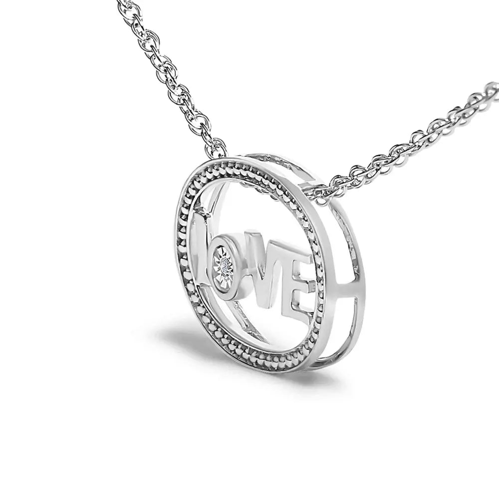 .925 sterling silver diamond accent ’love’ beaded oval pendant necklace (j k color i2 i3 clarity) 18’’ inches