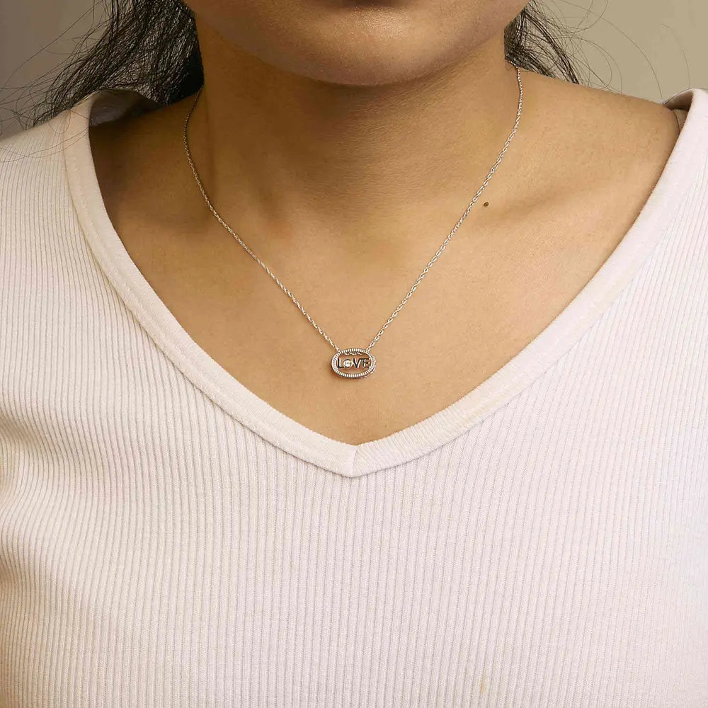.925 sterling silver diamond accent ’love’ beaded oval pendant necklace (j k color i2 i3 clarity) 18’’ inches