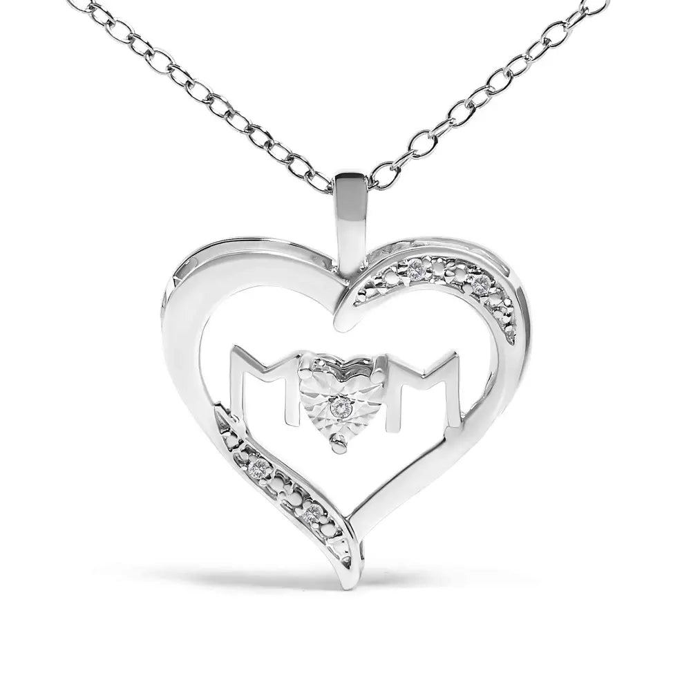 .925 sterling silver diamond accent mom with heart pendant necklace (j k color i2 i3 clarity) 18’’ inches