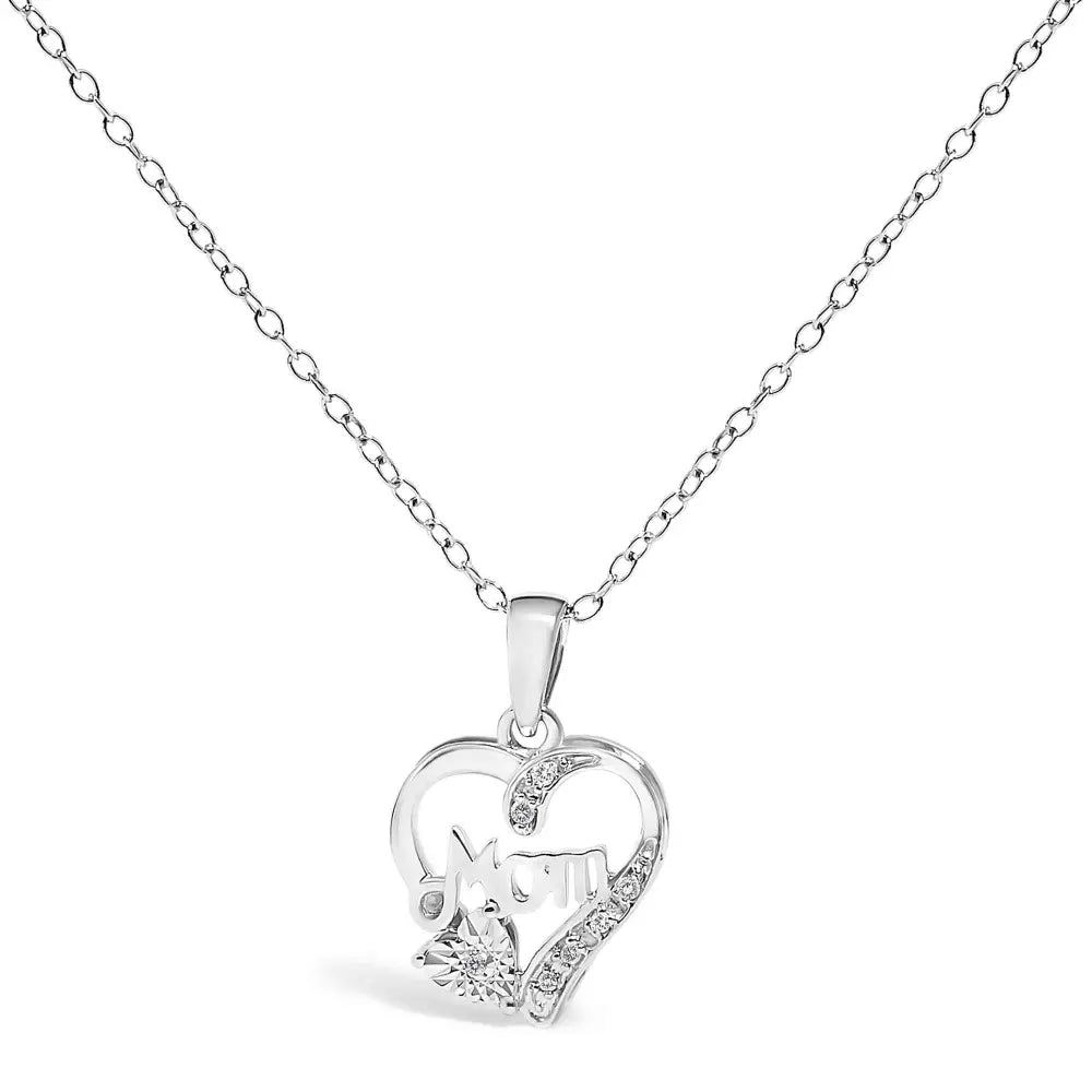 .925 sterling silver diamond accent mom with heart pendant necklace (j k color i2 i3 clarity) 18’’ inches