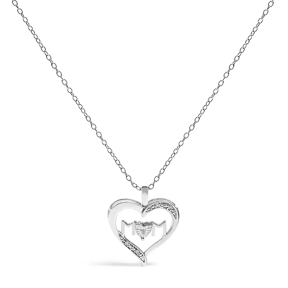 .925 sterling silver diamond accent mom with heart pendant necklace (j k color i2 i3 clarity) 18’’ inches
