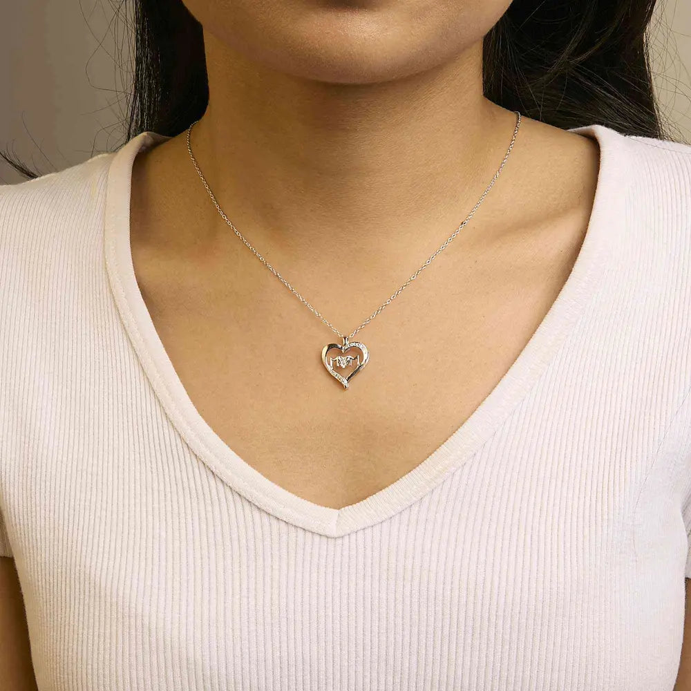 .925 sterling silver diamond accent mom with heart pendant necklace (j k color i2 i3 clarity) 18’’ inches