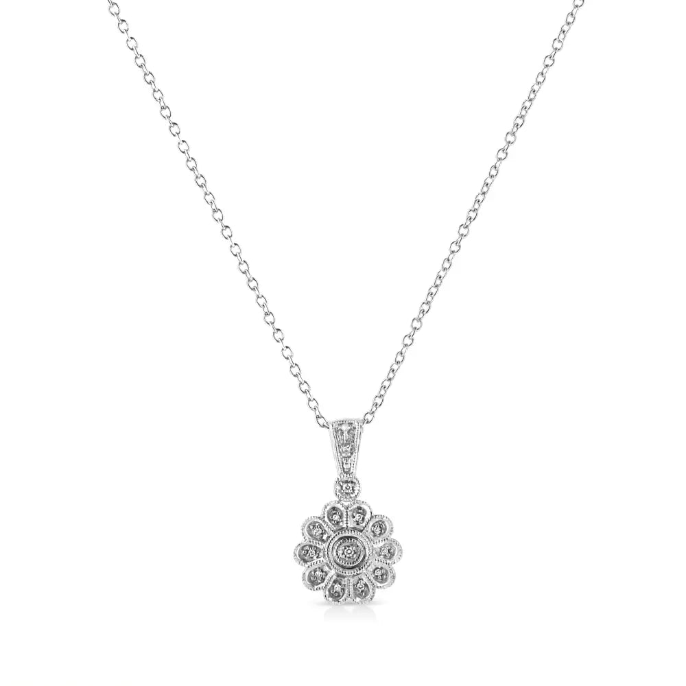 .925 Sterling Silver Diamond Accent Sunburst Milgrain 18" Pendant Necklace (I-J Color, I1-I2 Clarity) - Bijoux-NYC Direct