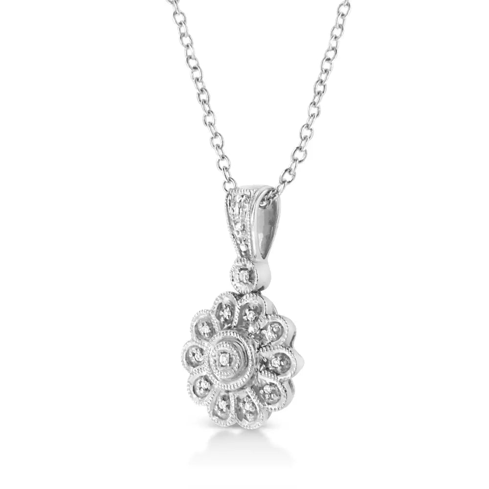 Diamond cluster sunburst milgrain pendant necklace in sterling silver – 18’’ bijoux-nyc direct