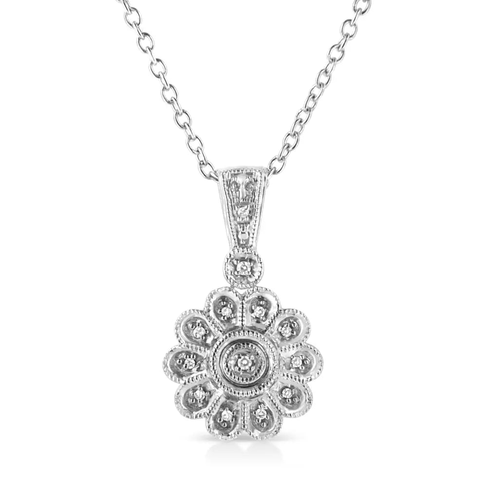 Diamond cluster sunburst milgrain pendant necklace in sterling silver – 18’’ bijoux-nyc direct