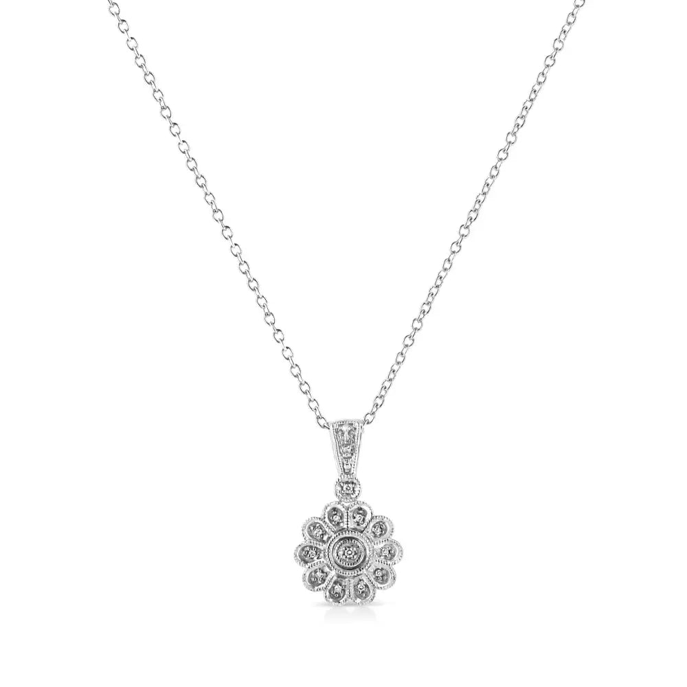 Diamond cluster sunburst milgrain pendant necklace in sterling silver – 18’’ bijoux-nyc direct
