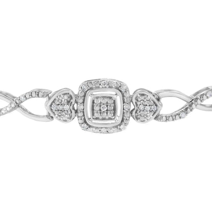 .925 Sterling Silver Diamond Cushion Frame Heart-Sides Twist 4”-10” Adjustable Bolo Tennis Bolo Bracelet (I-J Color, I3 Clarity) - Bijoux-NYC Direct