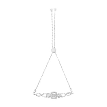 .925 Sterling Silver Diamond Cushion Frame Heart-Sides Twist 4”-10” Adjustable Bolo Tennis Bolo Bracelet (I-J Color, I3 Clarity) - Bijoux-NYC Direct