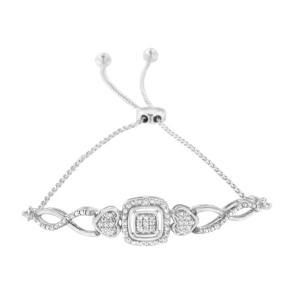 .925 Sterling Silver Diamond Cushion Frame Heart-Sides Twist 4”-10” Adjustable Bolo Tennis Bolo Bracelet (I-J Color, I3 Clarity) - Bijoux-NYC Direct