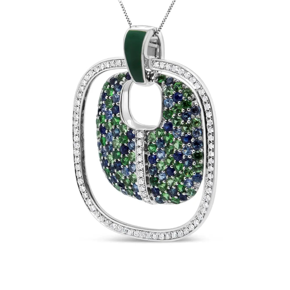 Sterling silver green enamel diamond sapphire and tsavorite openwork necklace bijoux-nyc direct