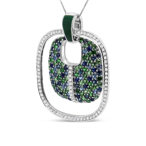 .925 sterling silver green enamel pendant with 1/2 cttw diamond sapphire and tsavorite openwork statement 18’’ pendant