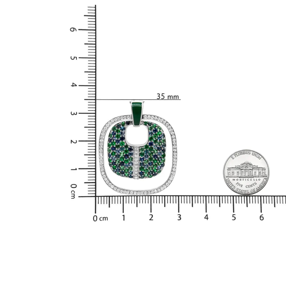 .925 Sterling Silver Green Enamel Pendant with 1/2 Cttw Diamond, Sapphire, and Tsavorite Openwork Statement 18" Pendant Necklace (F-G Color, VS1-VS2 Clarity) - Bijoux-NYC Direct