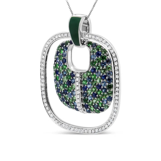.925 Sterling Silver Green Enamel Pendant with 1/2 Cttw Diamond, Sapphire, and Tsavorite Openwork Statement 18" Pendant Necklace (F-G Color, VS1-VS2 Clarity) - Bijoux-NYC Direct